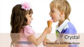  Presentation with dessert oreo ice cream - PPT theme with children sharing food - girl shares gives or feeds background and a coral colored foreground