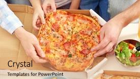  Presentation with pizza - Amazing PPT theme having children sharing food - happy family eating pizza backdrop and a coral colored foreground