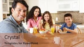  Presentation with family healthy eating - PPT theme featuring children sharing food - hispanic family eating breakfast background and a coral colored foreground