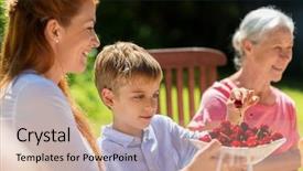  Presentation with summer party - Colorful slides enhanced with children sharing food - leisure holidays and people concept backdrop and a coral colored foreground