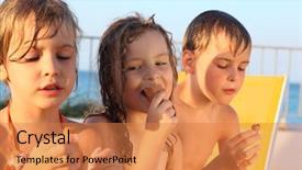  Presentation with two cute sisters playing - Slides enhanced with children sharing food - little brother and two sisters background and a coral colored foreground