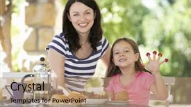 Presentation with breakfast children - Colorful slide deck enhanced with thoughtful girl in glasses with a brush in hand and paint stained face backdrop and a violet colored foreground