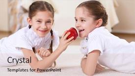  Presentation with two cute sisters playing - Colorful theme enhanced with children sharing food - two twin sisters at home backdrop and a lemonade colored foreground