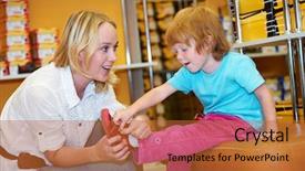  Presentation with woman child - PPT theme enhanced with children shoes - woman with child choosing background and a red colored foreground