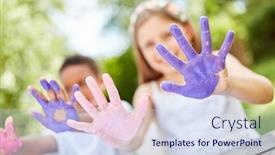  Presentation with children hands - Amazing PPT layouts having children show their smeared hands while painting with finger paints backdrop and a sky blue colored foreground