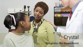  Presentation with pediatrics toddler and doctor - PPT layouts featuring children sick - doctor reassuring mother and daughter background and a mint green colored foreground