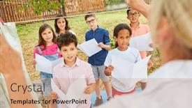  Presentation with sing - Amazing PPT theme having children-sing-together backdrop and a coral colored foreground
