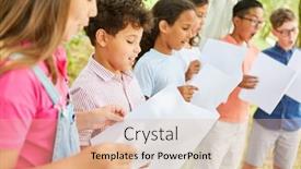  Presentation with summer camp - Slide set consisting of children-sing-together background and a coral colored foreground