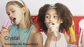  Presentation with microphones - Theme with kids singing - multiethnic young girls using brushes background and a coral colored foreground