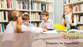  Presentation with school children - Beautiful slides featuring children studying at school library backdrop and a coral colored foreground