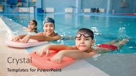  Presentation with diverse group of children reading - PPT theme having children-swimming-group-poses background and a coral colored foreground