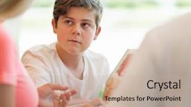  Presentation with memory book family album - Slide deck having children talking - family in library with books background and a  colored foreground