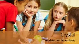  Presentation with behavior management in the classroom - PPT layouts enhanced with children talking - portrait of friendly schoolchildren chatting background and a gold colored foreground