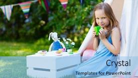  Presentation with tea party - PPT layouts enhanced with children tea party - adorable little girl having fun background and a  colored foreground
