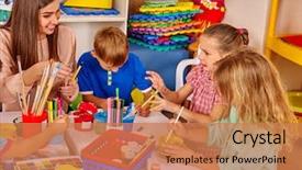  Presentation with children painting - Cool new presentation theme with children paint the kids' club backdrop and a coral colored foreground