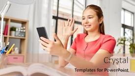  Presentation with teenage girl - PPT theme consisting of children-technology-and-communication-concept background and a coral colored foreground
