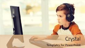  Presentation with education technology - Slide deck enhanced with headphones typing on keyboard background and a coral colored foreground