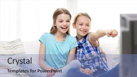  Presentation with television watching - Cool new presentation theme with children television friends and friendship backdrop and a teal colored foreground