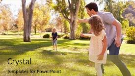  Presentation with father teaching children - Beautiful PPT theme featuring children throwing disk in park backdrop and a gold colored foreground