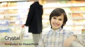  Presentation with trade - Slide set featuring children trade - child shopping in supermarket background and a soft green colored foreground