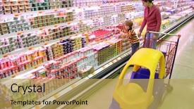  Presentation with trade - PPT theme enhanced with children trade - mother with son in shop background and a yellow colored foreground