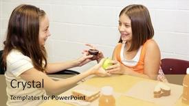  Presentation with school lunch - Colorful PPT theme enhanced with children trade - two school girls at lunch backdrop and a yellow colored foreground