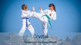  Presentation with children training on computers - Slide deck with children training karate on the stone coast background and a light blue colored foreground