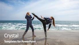  Presentation with karate - PPT theme enhanced with children training karate on the stone coast background and a gray colored foreground