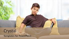  Presentation with film television media - PPT layouts enhanced with children tv - bored kid watching television background and a coral colored foreground