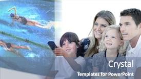 Presentation with film television media - Theme with children tv - smiling family watching a film background and a ocean colored foreground