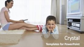  Presentation with television watching - Colorful presentation design enhanced with children tv - young woman sitting on floor backdrop and a coral colored foreground