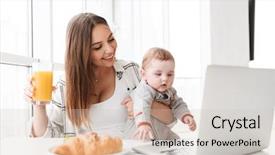  Presentation with breakfast children - Cool new theme with children use internet - image of happy young woman backdrop and a soft green colored foreground