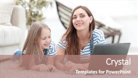  Presentation with young man holdng laptop on lap money - Audience pleasing theme consisting of children use internet - mom and her little daughter backdrop and a coral colored foreground