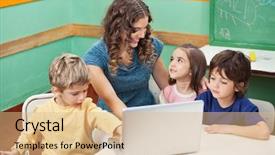  Presentation with teacher - Theme consisting of children using laptop while teacher background and a coral colored foreground