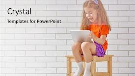  Presentation with tablets wood table tablet white - Colorful presentation theme enhanced with children using technology - happy child with tablet computer backdrop and a white colored foreground