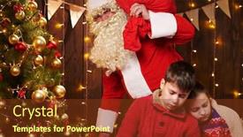  Presentation with now - Presentation design featuring children waited a long time for santa now they fell asleep and santa quietly goes to the christmas tree to give presents - merry christmas and happy holidays background and a tawny brown colored foreground