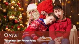  Presentation with now - Presentation theme consisting of children waited a long time for santa now they fell asleep and santa quietly goes to the christmas tree to give presents - merry christmas and happy holidays background and a tawny brown colored foreground