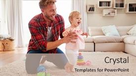  Presentation with helping - Audience pleasing presentation design consisting of children walking away - young father helping toddler daughter backdrop and a soft green colored foreground