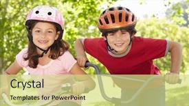  Presentation with man riding big bike motor - Slide set consisting of children wear - boy and girl riding bikes background and a soft green colored foreground