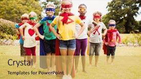  Presentation with costume - Cool new slides with children wearing superhero costume standing in the park backdrop and a yellow colored foreground