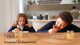  Presentation with breakfast children - Audience pleasing theme consisting of children-wearing-uniform-in-kitchen backdrop and a coral colored foreground