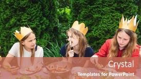  Presentation with children birthday - PPT theme with children-wearng-paper-crowns-sitting background and a coral colored foreground