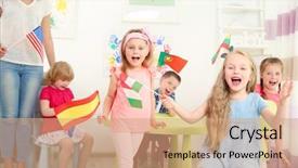  Presentation with children of the world - Cool new presentation theme with children with flags in kindergarten backdrop and a coral colored foreground