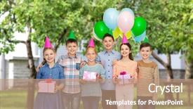 Presentation with children birthday - Cool new slide set with children with gifts on birthday backdrop and a coral colored foreground