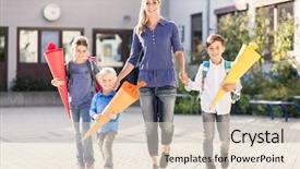  Presentation with school children - Slide set consisting of children with paper funnel background and a lemonade colored foreground