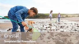  Presentation with pet - PPT theme consisting of children-with-pet-dog-looking background and a coral colored foreground