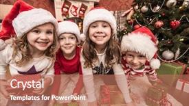  Presentation with group of children in christmas - PPT theme consisting of children with presents on christmas background and a coral colored foreground