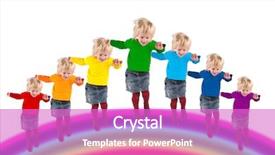  Presentation with rainbow - PPT theme with children with rainbow color dress jumping on rainbow collage background and a purple colored foreground