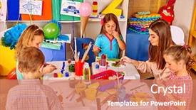  Presentation with children painting - Slide deck having children with school teacher woman background and a coral colored foreground