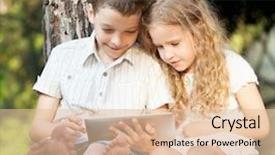  Presentation with children little child girl plays - PPT layouts enhanced with children with tablet pc outdoors background and a  colored foreground